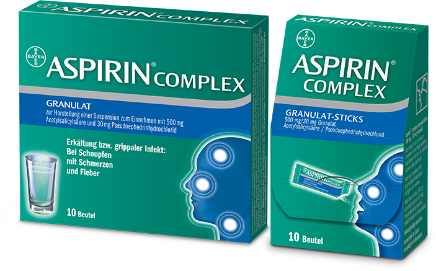 Produktabbildung Aspirin Complex Granulat Sticks und Aspirin Complex Granulat